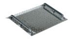 The Vestil Alum Tread Plate Mini Dockboard 600 Lb features a metal diamond plate ramp with two raised edges, providing traction on its textured surface and supporting up to 600 lb. Its reflective metal finish is shown at a slight angle in the image.