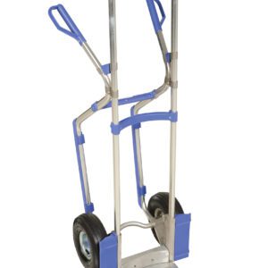 The Vestil Ergonomic Aluminum Hand Truck 350 Lb, a blue and silver marvel, holds up to 350 lbs. It includes two wheels, a foldable aluminum toe plate for easy handling, a robust metallic frame for strength, and comfortable blue plastic-covered handles.