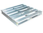 The Vestil Heavy Duty Aluminum Half Pallet 24X24 boasts a shiny silver finish and an open slat grid structure, ideal for supporting and transporting goods. Its sturdy design is perfect for heavy industrial use.
