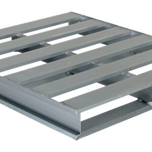 The Vestil Heavy Duty Aluminum Pallet 4K, sized 42 x 48 inches, features a silver metal design with evenly spaced slats and a robust frame. Its rectangular shape and shiny surface are ideal for holding and transporting goods, supported by visible beams underneath.