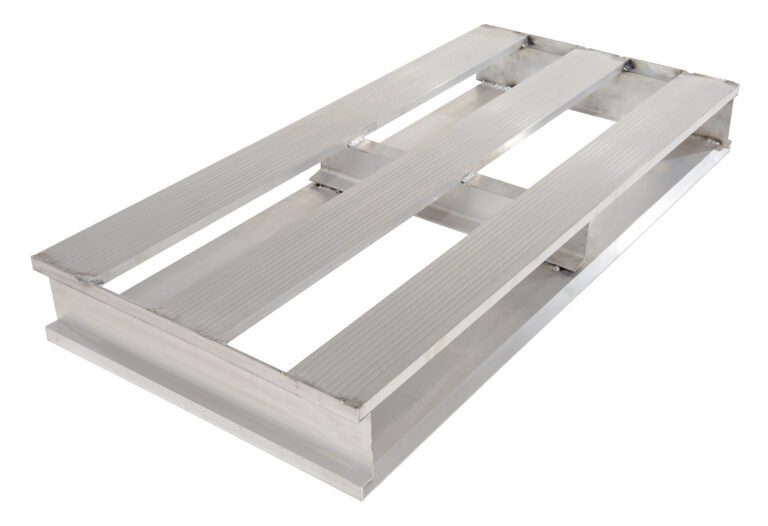 AP-4824_A.jpg A silver metal pallet, similar to the Vestil Heavy Duty Aluminum Half Pallet 48X24, has three top slats and an open design exposing its structural beams. It is elegantly angled on a spotless white background.