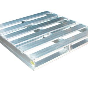 The Vestil Heavy Duty Aluminum Pallet 4K 48 X 48 In is ideal for industrial or warehouse use with its grid-like structure and evenly spaced slats that effectively support heavy loads, all elevated by a robust frame.