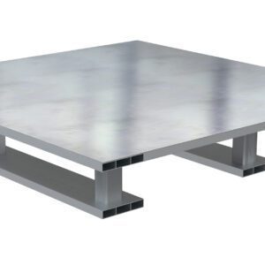 The Vestil Aluminum Half Pallet Skid Bottom Solid Top 24X24 features a silver metallic surface, measuring 24x24 inches. Its solid top and grid-like skid bottom ensure durability, ideal for heavy-duty use in warehouses or factories.