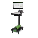 Mobile workstation with a monitor displaying data, a printer, and a green power unit on a wheeled base. Used for flexible and portable work setups.