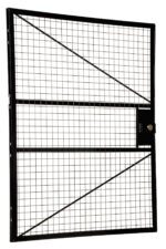 The Vestil Adjust Perimeter Guard Hinged Door 49.93X60 is a black metal wire gate with a grid pattern, diagonal support bars, and right-side latch. Photographed against a white background, it combines security and sleek design.