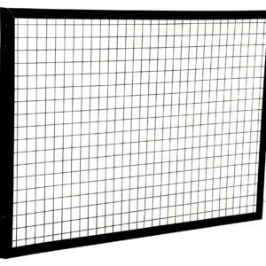 The Vestil Adjustable Perimeter Guard Panel 3X5 Ft features a rectangular design with a grid of small squares made from thin metal wires, framed by a sturdy black border, and is isolated on a white background.