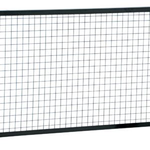 The Vestil Adjustable Perimeter Guard Panel 3X8 Ft has a black metal frame with a grid of thin wires, forming square openings against a white background.