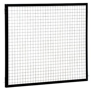 A black wire grid fencing section with a thin metal frame on a white background features evenly spaced vertical and horizontal wires forming small squares, akin to the Vestil Adjustable Perimeter Guard Panel 4X5 Ft design.