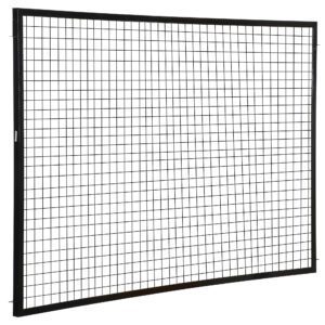 A black metal grid with a curved design is displayed on a white background, similar to the Vestil Adjustable Perimeter Guard Panel 5X8 Ft, featuring evenly spaced horizontal and vertical lines forming square openings.