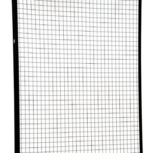 The Vestil Adjustable Perimeter Guard Panel 6X5 Ft is a rectangular black-framed wire mesh panel with a grid of evenly spaced squares, set against a white backdrop to emphasize its simple and functional design.