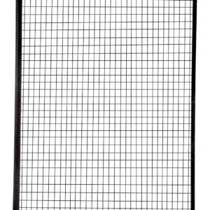 The Vestil Adjustable Perimeter Guard Panel 8X5 Ft showcases a sleek black grid over wire mesh, artfully angled against a white backdrop.