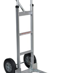 The Vestil Aluminum P-Handle Hand Truck Hard Rubber includes two black hard rubber wheels, a durable metal frame, and an extended loading=