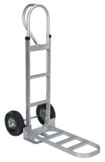 The Vestil Aluminum P-Handle Hand Truck Pneumatic has a curved handle, black pneumatic rubber wheels, and a foldable loading=