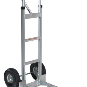 The Vestil Aluminum P-Handle Hand Truck Pneumatic has a curved handle, black pneumatic rubber wheels, and a foldable loading=