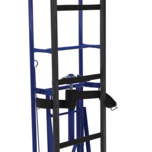 The Vestil Vending - Appliance Cart Ratchet 72 In is a blue and black cart with two wheels, ideal for moving heavy items. It offers a 72-inch high handle, sturdy construction, and a small platform for easy lifting.