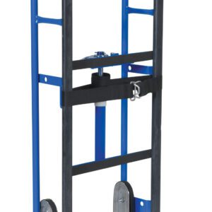 The Vestil Appliance Cart Ratchet 750 Lb is a blue hand truck with two wheels and a rectangular base, capable of transporting up to 750 lbs. Its metal frame has black straps and grips for secure loading, making it ideal for moving appliances efficiently.