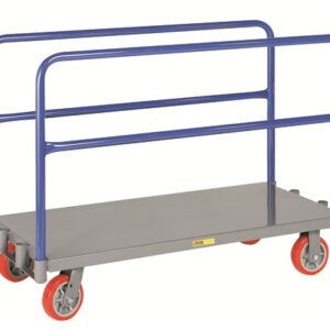 The Little Giant Adjustable Sheet & Panel Truck is a gray flatbed trolley with blue side rails and four red casters, perfect for moving large panels or boards. Its robust metal build makes it ideal for industrial and commercial use.