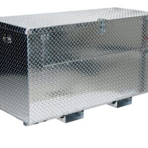 The Vestil Alum Tool Box Fork Pockets-Front Door 24X36 is a sleek silver storage box with a diamond plate pattern on a white background. It features front fork pockets for easy transport, a top latch for secure closure, and sturdy metal feet, making it ideal for stylish and efficient tool organization.