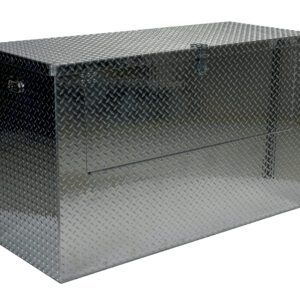 The Vestil Alum Portable Tool Box, sized 24x36, is a robust industrial option featuring a diamond plate texture and hinged lid. It comes in silver with a metal latch on the front door and a side handle, ideal for functionality across diverse environments.
