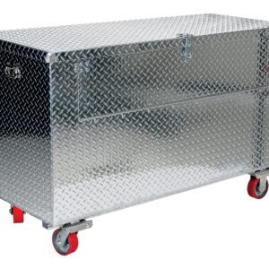 The Vestil Alum Tool Box Front Door -Casters 24X48 is a large metallic storage chest with a diamond plate texture, mounted on four red caster wheels. It has a hinged lid with a latch and handle, ideal for tool or supply organization.