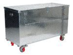 This rectangular silver metal storage chest is the Vestil Alum Tool Box Front Door with a 24x60 design, diamond plate texture, front latch for easy lid securing, and sits on four red casters.