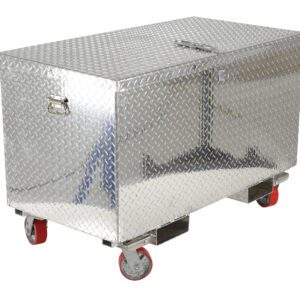 The Vestil Aluminum Tool Box-Casters/Forks 24 X 60 is a large, rectangular storage unit with a diamond-patterned texture, sturdy handle, and red casters for rugged, industrial security and easy mobility.