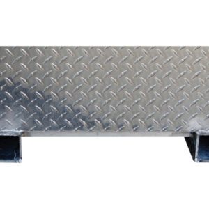 A rectangular metallic diamond plate, styled like the Vestil Aluminum Tool Box-Fork Pockets 24 X 60, has a textured, reflective diamond pattern and two square openings at the bottom for structural functionality.