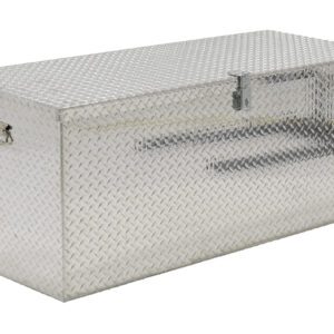 The Vestil Aluminum Portable Tool Box 24 X 60, featuring a silver diamond plate pattern, has a rectangular design with side handles and a secure front latch, ideal for any task.