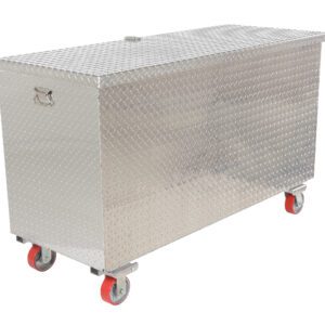 This sleek Vestil Alum Tool Box has a rectangular silver design with a diamond plate pattern and hinged lid. It features side handles, red casters, and measures 30x60 for unmatched mobility.