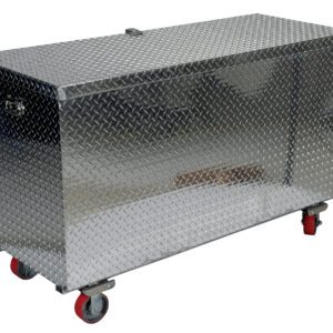 The Vestil Aluminum Tool Box-Casters 30 X 60 is a spacious rectangular storage box with a diamond plate design, featuring a hinged lid and side handles. It sits on four red caster wheels for easy movement.