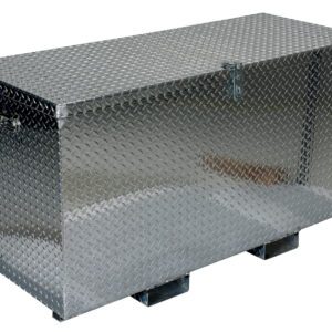 A large silver rectangular Vestil Aluminum Tool Box with diamond plate texture and sturdy fork pockets, featuring a hinged lid, two side handles, and small metal supports for stability.