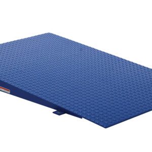 The Vestil Approach Ramp Option 36W X 54L X 4.5H features a blue metal design with a textured surface and gradual incline, intended for durability in loading or accessibility purposes, and is shown alone on a white background to highlight its robust build.