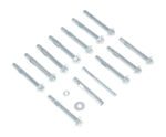Thirteen metal anchors, one nut, and one washer are arranged on a white surface. The identical and evenly spaced anchors feature a bolt and sleeve design similar to the Vestil 12-Pack Concrete Anchor Bolts 1/2 X 4 In.