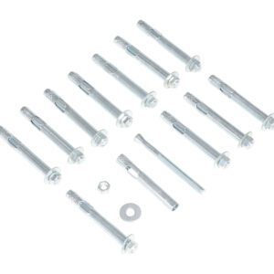 Thirteen metal anchors, one nut, and one washer are arranged on a white surface. The identical and evenly spaced anchors feature a bolt and sleeve design similar to the Vestil 12-Pack Concrete Anchor Bolts 1/2 X 4 In.
