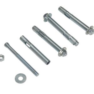 A set of Vestil 4-Pack Concrete Anchor Bolts 1/2 X 4 inches is displayed on a white background, featuring four bolt anchors, a bolt, nut, and washer with a metallic industrial appearance.