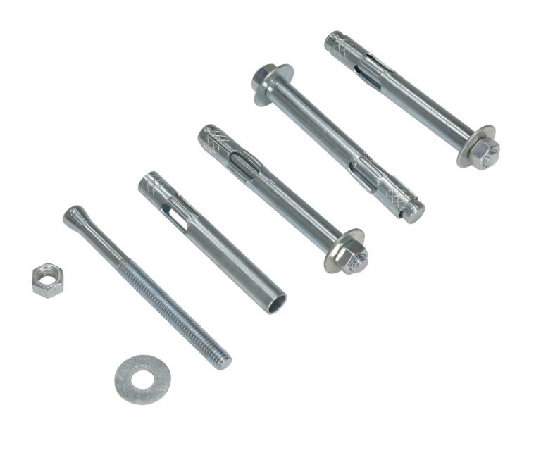 A set of Vestil 4-Pack Concrete Anchor Bolts 1/2 X 4 inches is displayed on a white background, featuring four bolt anchors, a bolt, nut, and washer with a metallic industrial appearance.