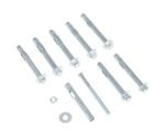 Nine metal sleeve anchors, like the Vestil 8-Pack Concrete Anchor Bolts, are displayed on a white background with included nuts and washers, demonstrating their use for firmly fastening objects to surfaces.