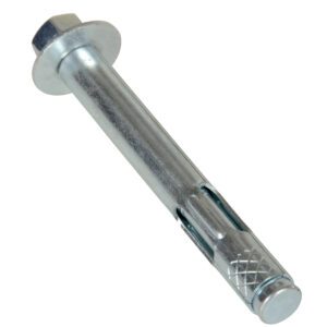 The Vestil Concrete Sleeve Anchor Bolts 1/2 X 4 in have a hex head and grooved cylindrical body for better grip, ideal for securing objects to concrete or masonry.