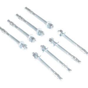The Vestil 8-Pack Concrete Anchor Bolts 1/2 X 5 In includes washers and nuts, organized in two rows on a white background.