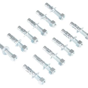 Ten Vestil 12-Pack Concrete Anchor Bolts with hexagonal heads, nuts, and sleeves are displayed in four even rows on a pristine white background.