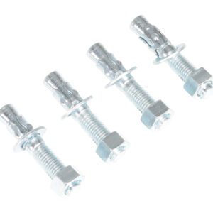 The Vestil 4-Pack Concrete Anchor Bolts, measuring 3/4 x 4 inches, are displayed diagonally on a white background. Each comes with a threaded rod, nut, washer, and sleeve. Their shiny silver finish lends a sleek and polished look.