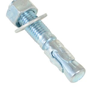 The Vestil 3/4 X 4 In Concrete Wedge Anchor Bolt includes a metal anchor bolt with a hex nut and washer, featuring a threaded body and expandable section, ideal for securing to concrete surfaces. It is silver and displayed against a white background.