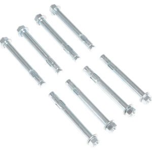 Eight Vestil 8-Pack Concrete Anchor Bolt 3/4 X 6-1/4 are neatly arranged in two rows on a white background. Each bolt has a threaded rod with a hexagonal head and metal sleeve, ideal for securely fastening materials, highlighting the reliability of this set.