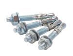 Five shiny Vestil 3/8 X 3 In Concrete Anchor Bolts, with hexagonal nuts and washers, arranged in a fan shape. The bolts feature an expandable sleeve near the threaded end, ideal for concrete or masonry securement.