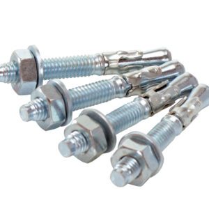 Five shiny Vestil 3/8 X 3 In Concrete Anchor Bolts, with hexagonal nuts and washers, arranged in a fan shape. The bolts feature an expandable sleeve near the threaded end, ideal for concrete or masonry securement.