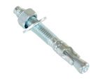 The Vestil Concrete Wedge Anchor Bolt 3/8 X 3 In is a silver metal bolt with a hex nut, threaded shaft, and expanding end for sturdy installations, elegantly displayed against a white background.