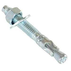 The Vestil Concrete Wedge Anchor Bolt 3/8 X 3 In is a silver metal bolt with a hex nut, threaded shaft, and expanding end for sturdy installations, elegantly displayed against a white background.