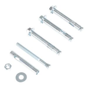 Four Vestil 5/8 x 4 inch concrete anchor bolts, each with a nut and washer, are arranged on a white background. The sturdy, cylindrical bolts have hexagonal heads and are separated to display each component individually.