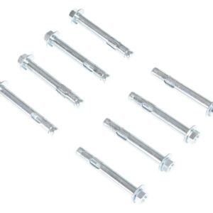 Eight Vestil 8-Pack Concrete Anchor Bolts (5/8 x 4 inches) with hex heads are neatly arranged in two rows against a pristine white background.