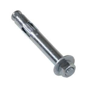 Close-up of the Vestil Concrete Sleeve Anchor Bolt 5/8 X 4 In, showcasing a metallic expansion bolt with a textured grip, hex nut, and washer on a white background.